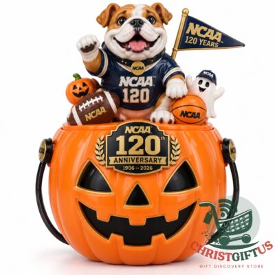 NCAA 120th Anniversary 2026 Halloween Candy Bucket - front view with bulldog and sports figures