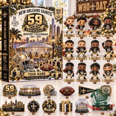New Orleans Saints 59th Anniversary 2026 Advent Calendar - front view with Saints figures and accessories