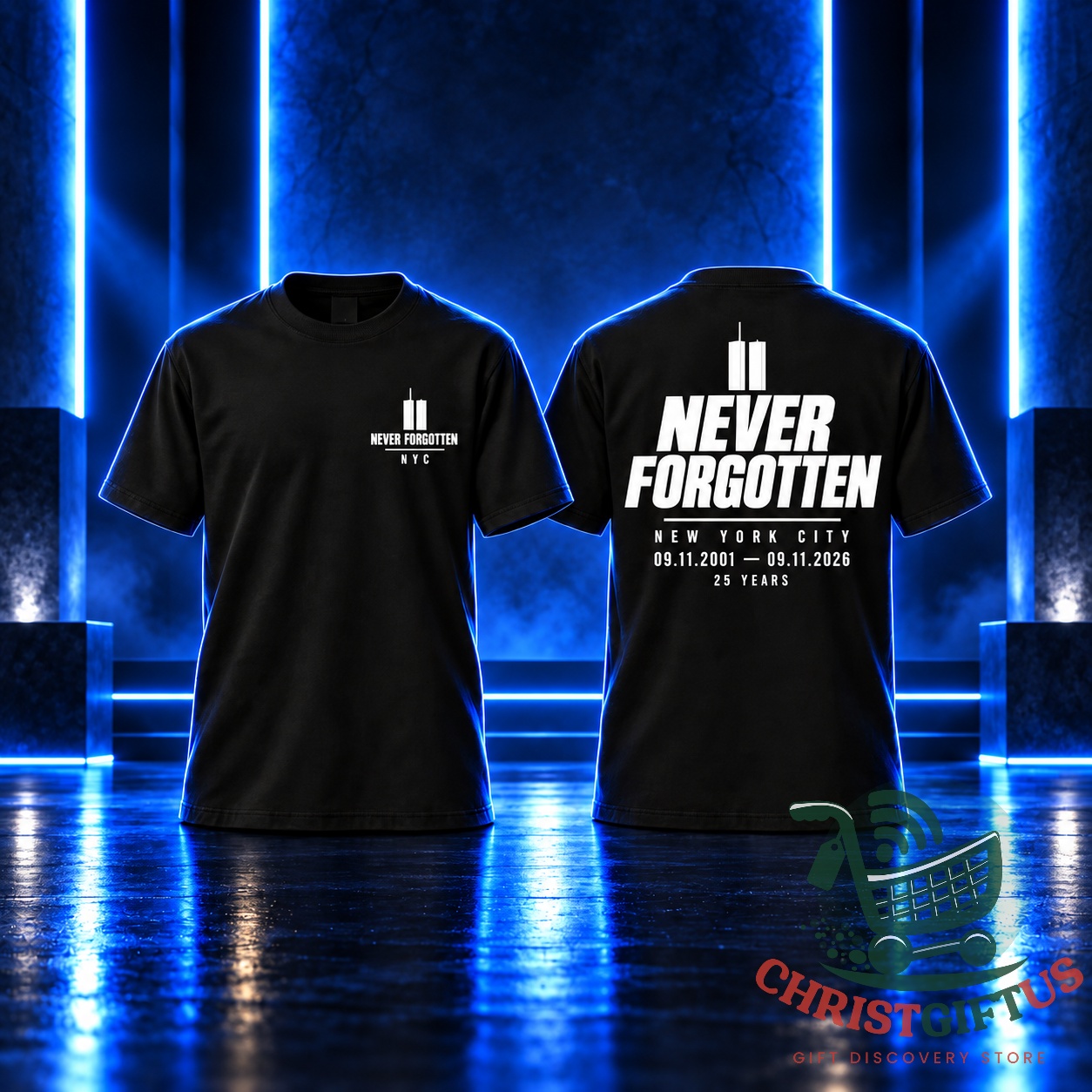 New York City 9/11 25th Anniversary Memorial T-Shirt - front and back views