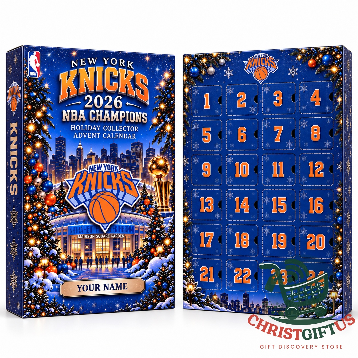 New York Knicks 2026 NBA Champions Advent Calendar – Front panel with personalized name New York Knicks 2026 NBA Champions Advent Calendar - front panel with personalized name area