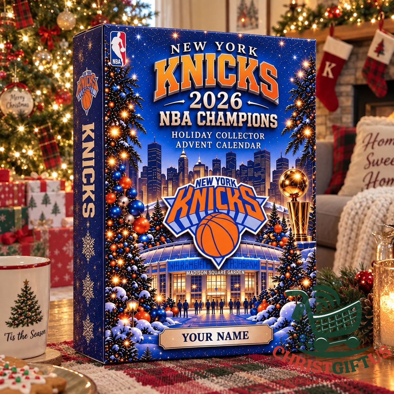Blue Knicks championship advent calendar with trophy and Madison Square Garden