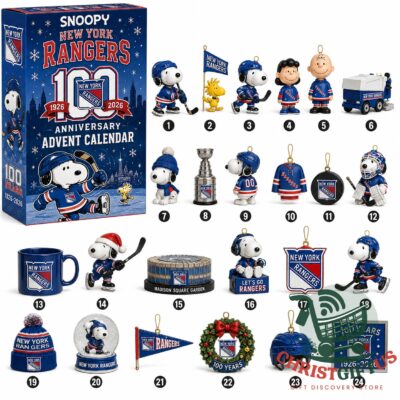 New York Rangers Snoopy 100th Anniversary 2026 Advent Calendar - front view with 24 numbered collectibles