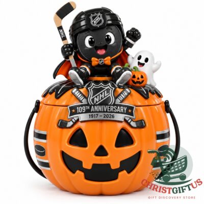 NHL 109th Anniversary Halloween Candy Bucket - front view with hockey player and ghost