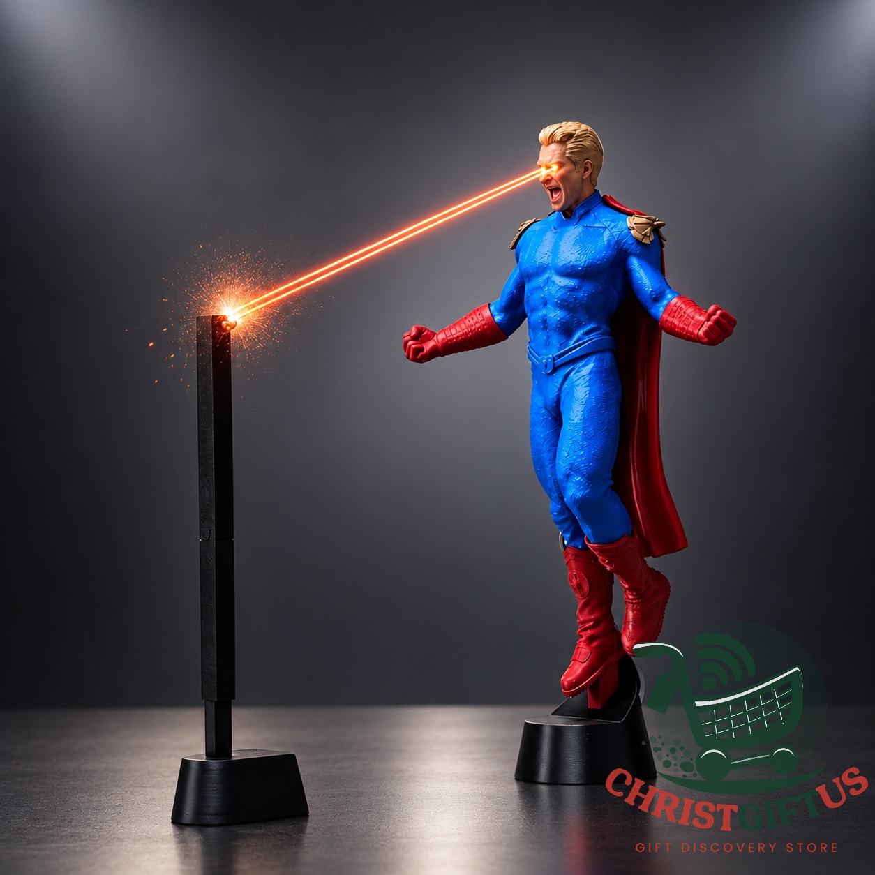 NIKOLATOY Homelander Laser-Eyes LED Light Figure 2026 - front view with illuminated laser beam