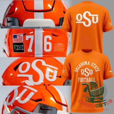 Oklahoma State Cowboys Football 1976-2026 T-Shirt - front and back views with helmet collage
