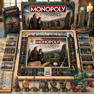 Outlander Collector Edition Monopoly 2026 Board Game - complete game layout with box, board, cards, and tokens