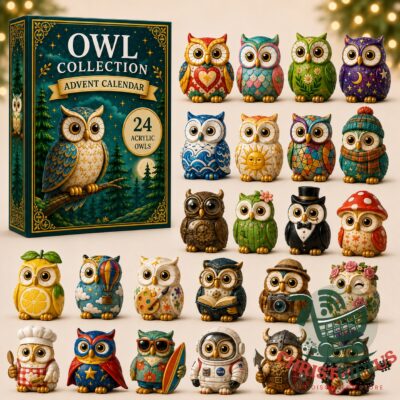 Owl Collection 24 Acrylic Owls Advent Calendar 2026 - front box and colorful owl figurines displayed