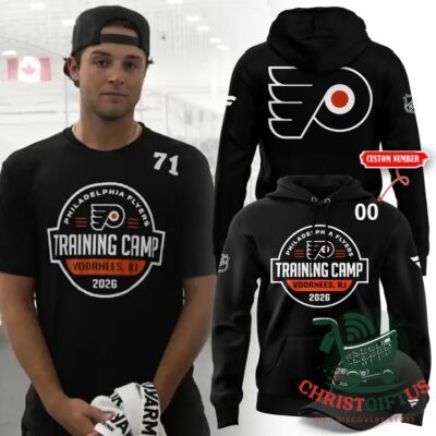 Philadelphia Flyers Training Camp 2026 Custom Black Pullover Hoodie - front and back views with camp graphic