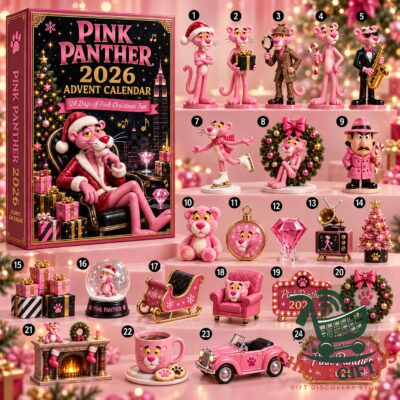 Pink Panther 2026 advent calendar box with 24 numbered Christmas character illustrations