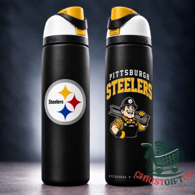 Pittsburgh Steelers Steely McBeam Water Bottle - front and reverse views with mascot graphics