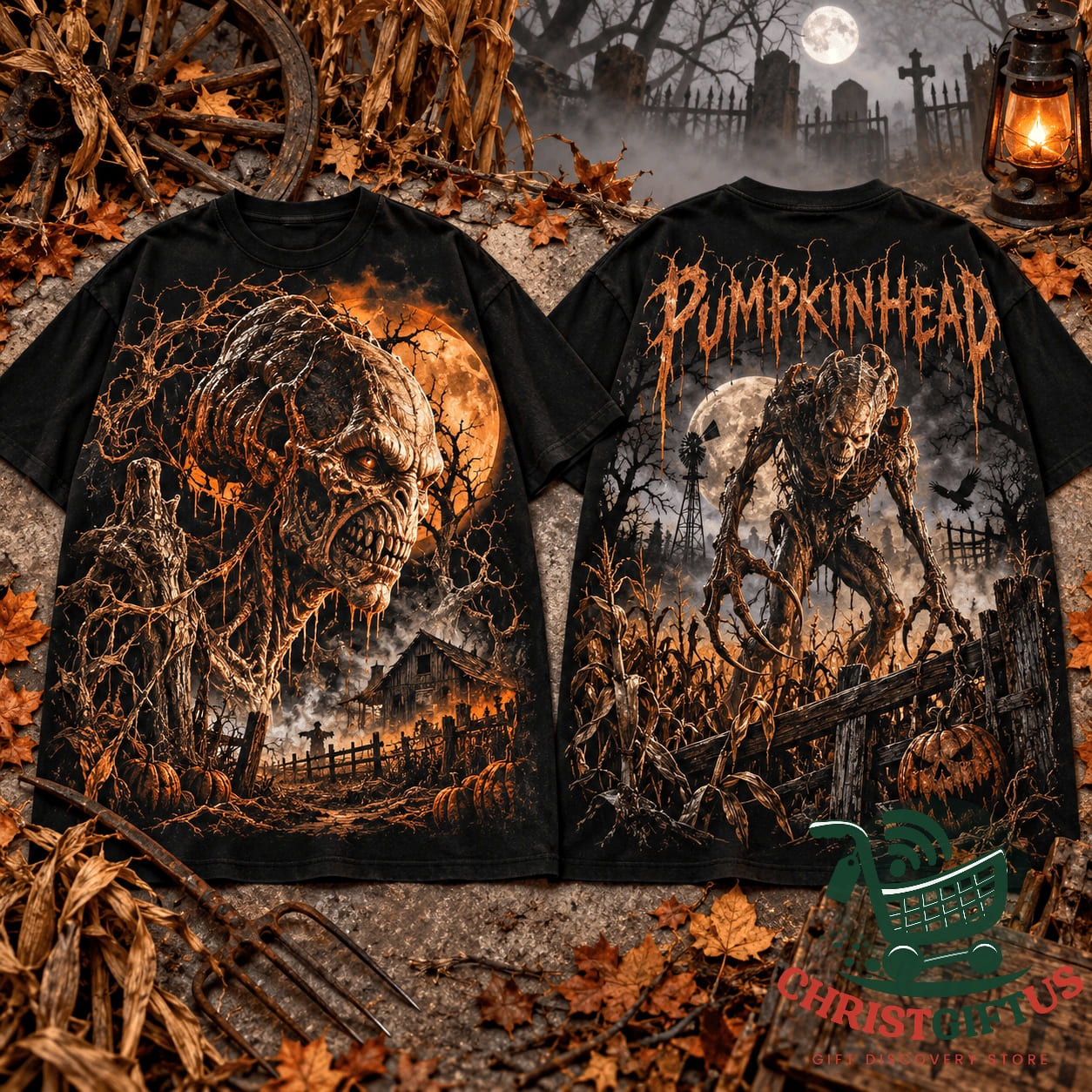 Pumpkinhead Harvest Nightmare Monster 3D T-Shirt - front and back views with monster artwork