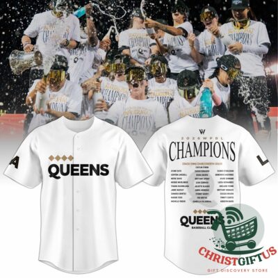Queens 2026 WPBL Champions Baseball Jersey - front view with Queens lettering