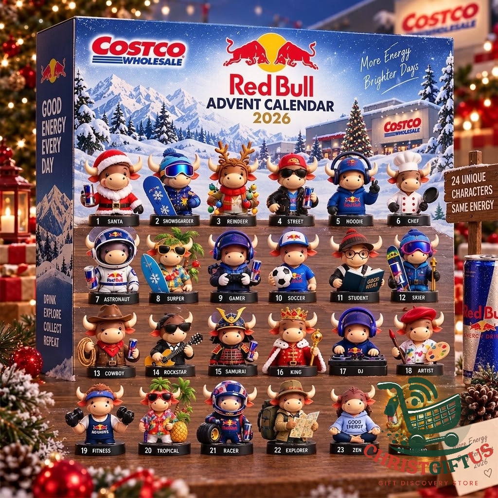 Red Bull Costco 2026 Advent Calendar - Red Bull can and snowy mountain artwork