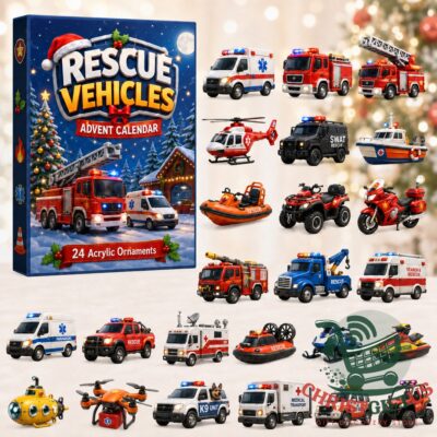 Rescue Vehicles 24 Acrylic Ornaments Advent Calendar 2026 - front box artwork with emergency vehicles