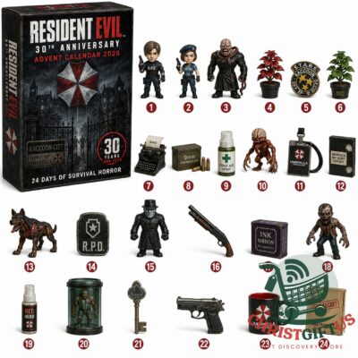 Resident Evil 30th Anniversary 2026 Advent Calendar - front box and numbered collectibles