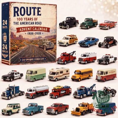 Route 66 100 Years of the American Road 1926-2026 Advent Calendar front with vintage vehicles
