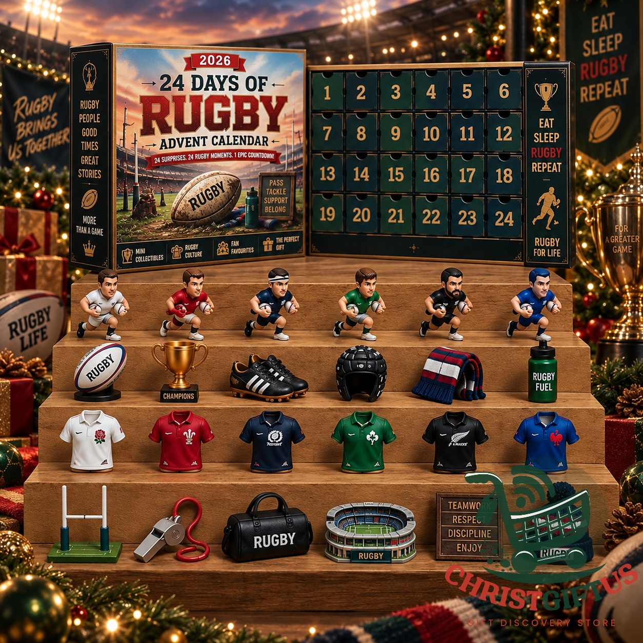 Rugby 24 Days of Rugby 2026 Advent Calendar - open front showing 24 numbered compartments
