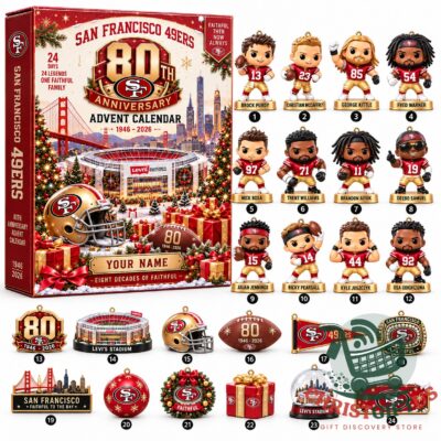 San Francisco 49ers 80th Anniversary 2026 Advent Calendar - front box and collectible designs