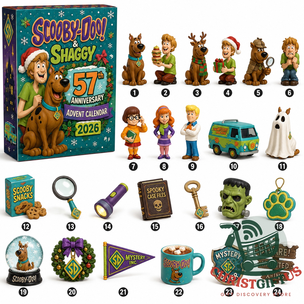 Scooby-Doo and Shaggy 57th Anniversary 2026 Advent Calendar - front packaging and included figures