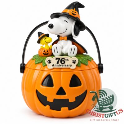 Snoopy 76th Anniversary Halloween 2026 Candy Bucket - front view with Snoopy and Woodstock figures