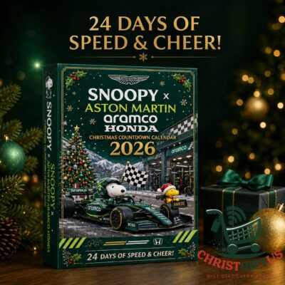 Snoopy x Aston Martin Aramco Honda Christmas 2026 Advent Calendar - front view with racing artwork