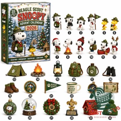 Snoopy Beagle Scout 2026 Advent Calendar - front box and numbered character preview