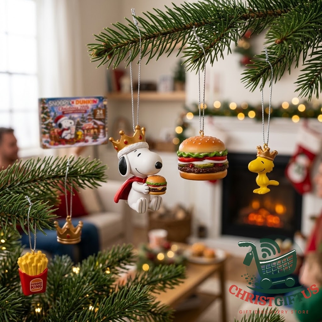 Snoopy Burger King Christmas 2026 Advent Calendar - ornaments hung on a Christmas tree beside the fireplace