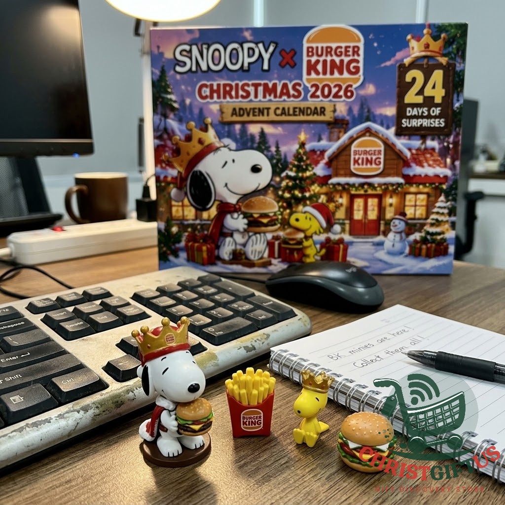 Snoopy Burger King Christmas 2026 Advent Calendar - the box displayed on a desk with a few of the ornaments