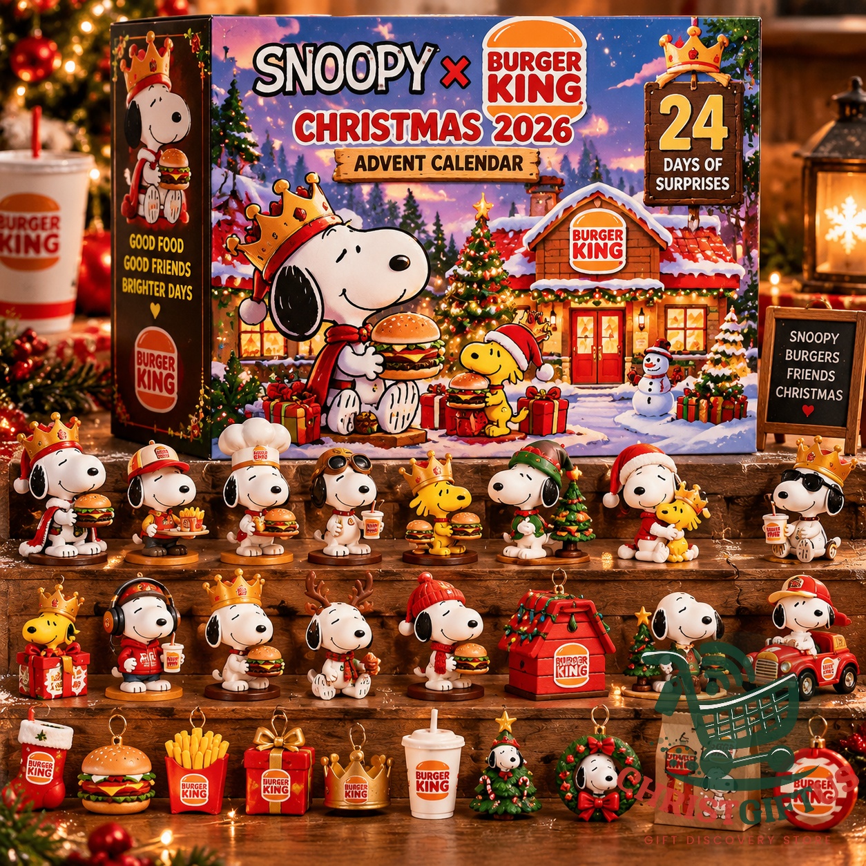 Snoopy Burger King Christmas 2026 Advent Calendar - the box shown with the ornament designs laid out in front of it