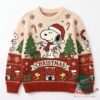 Snoopy Christmas 2026 Ugly Sweater - front view with Christmas trees and holiday characters