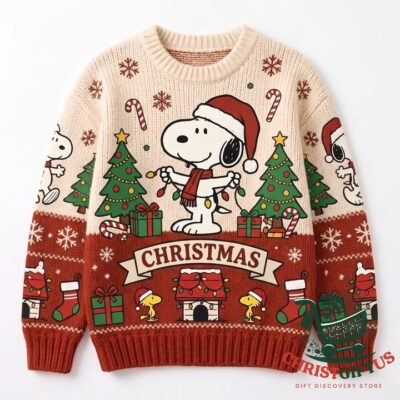 Snoopy Christmas 2026 Ugly Sweater - front view with Christmas trees and holiday characters