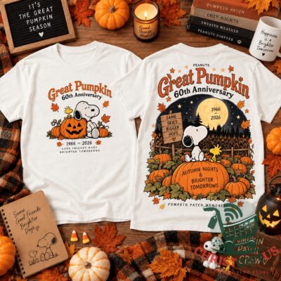 Snoopy Great Pumpkin 60th Anniversary 2026 T-Shirt - front and back views displayed together