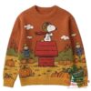 Snoopy Halloween 2026 Pumpkin Sweater - front view with doghouse and pumpkin field design