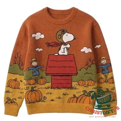 Snoopy Halloween 2026 Pumpkin Sweater - front view with doghouse and pumpkin field design