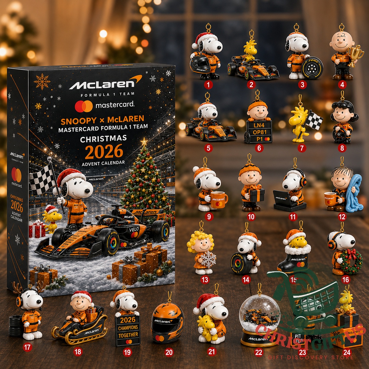 Snoopy × McLaren Formula 1 Team Christmas 2026 Advent Calendar - box and 24 ornament designs