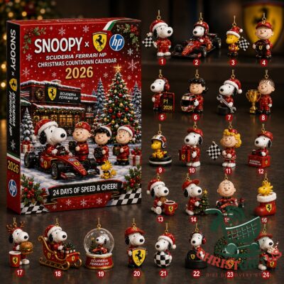 Snoopy Scuderia Ferrari HP Christmas Countdown 2026 Advent Calendar - front box and numbered ornaments