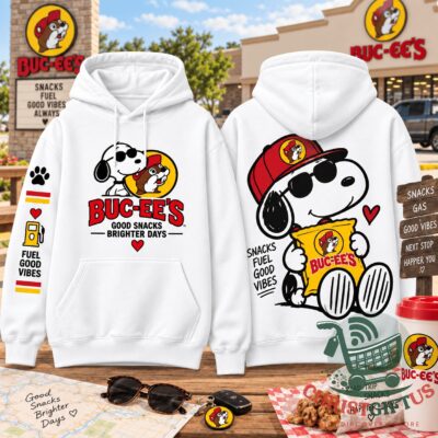 Snoopy x Buc-ee's Snacks Fuel Good Vibes Hoodie - front and back design views