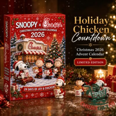 Snoopy x Chick-fil-A Christmas 2026 Advent Calendar - front box with holiday character artwork