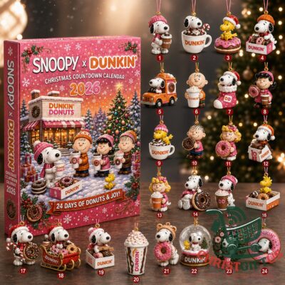 Snoopy x Dunkin' Christmas Countdown 2026 Advent Calendar - front box and ornament collection