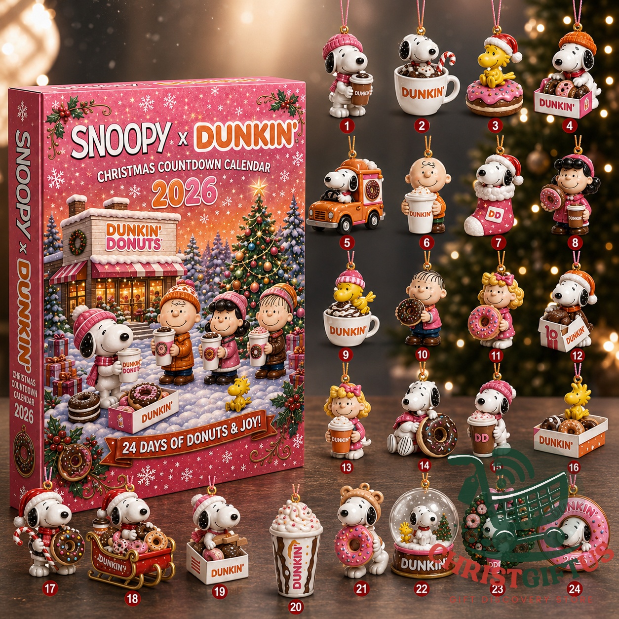 Snoopy x Dunkin' Christmas Countdown 2026 Advent Calendar - front box and ornament collection