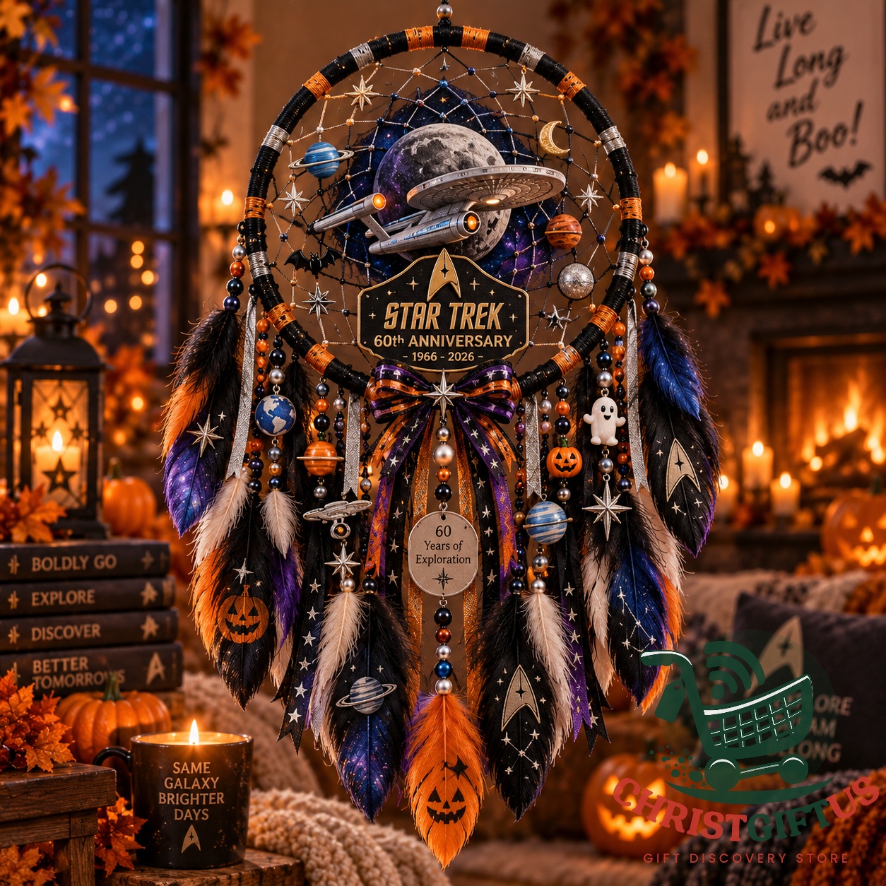 Star Trek 60th anniversary Halloween hanging with the Enterprise, planets and Starfleet insignia