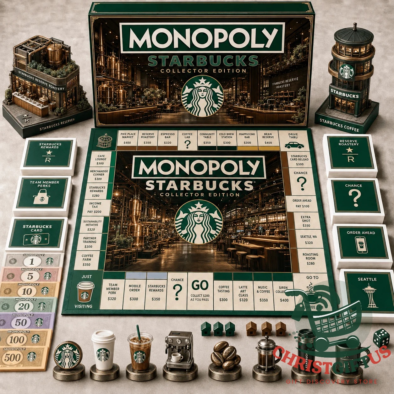 Starbucks 2026 Monopoly Board Game - complete board, cards, pieces, and collector box
