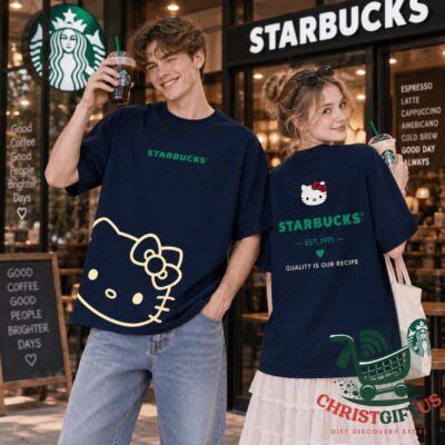 Starbucks x Hello Kitty Coffee Lover 2026 T-Shirt - front and back views worn together
