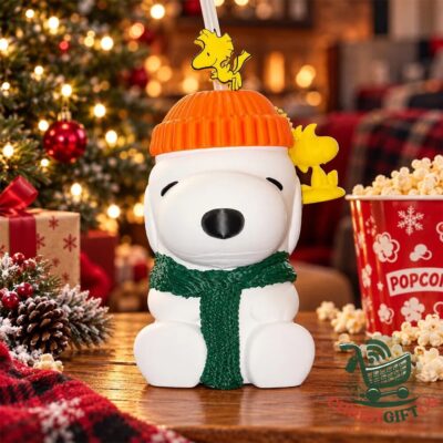 Starbucks x Peanuts Snoopy Pumpkin Can Holder Cold Cup - front view with pumpkin lid and scarf