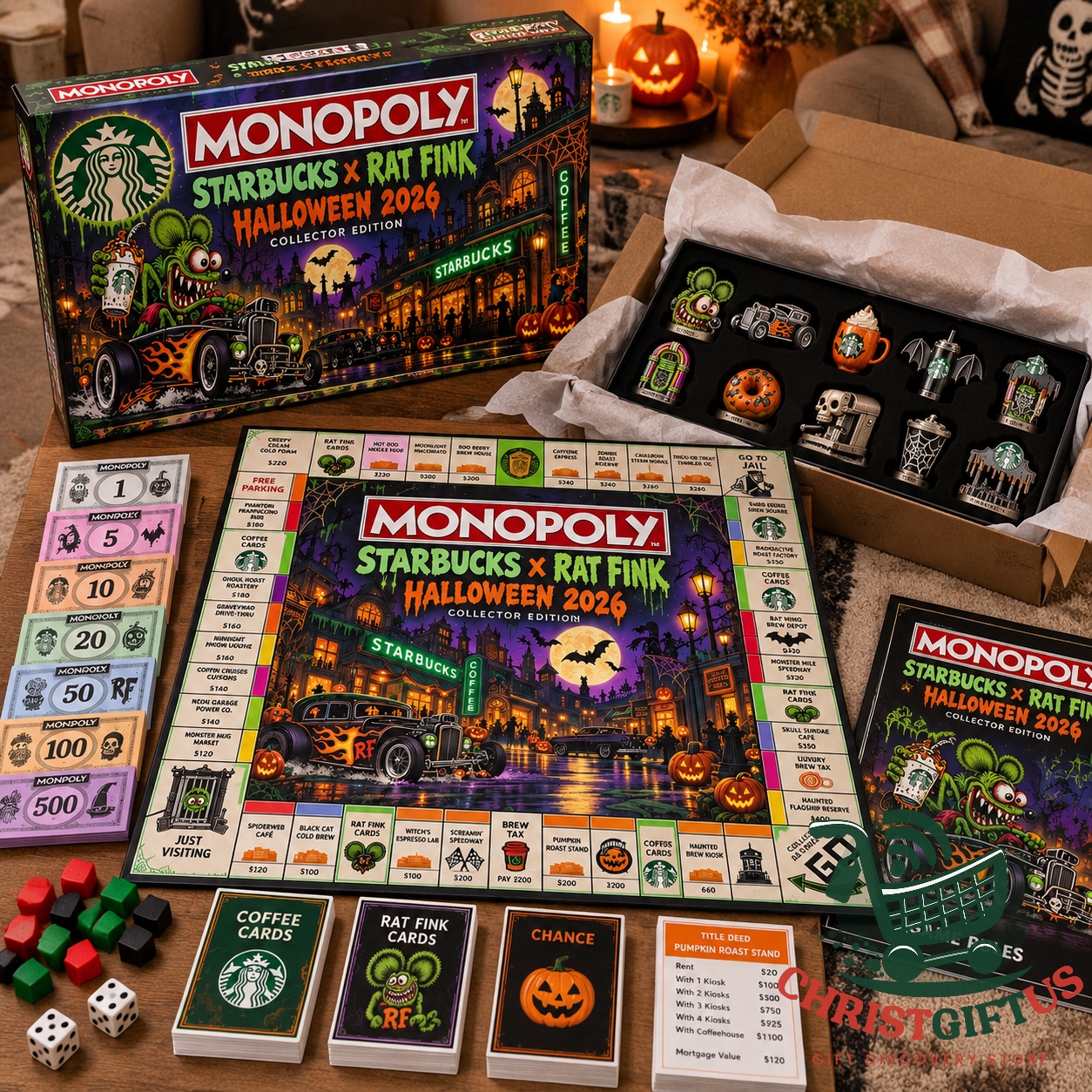 Starbucks x Rat Fink Halloween 2026 Monopoly Board Game - board, cards, play money and game pieces