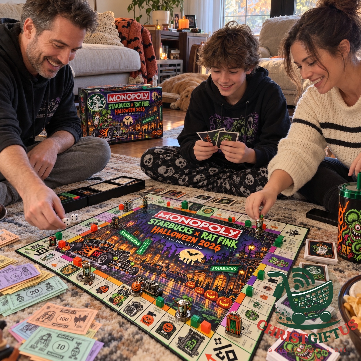 Starbucks x Rat Fink Halloween 2026 Monopoly Board Game - the set laid out for a family game night