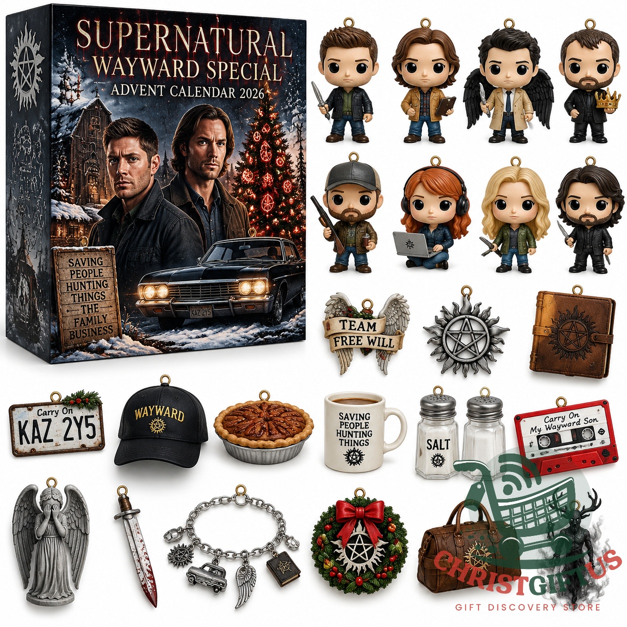 Supernatural Wayward Special 2026 Advent Calendar - front box artwork and themed ornaments displayed
