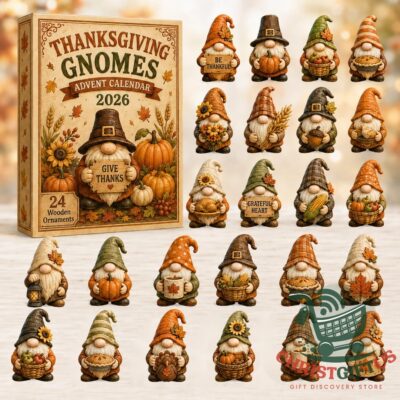 Thanksgiving Gnomes 2026 Advent Calendar - front view with illustrated box and wooden gnomes