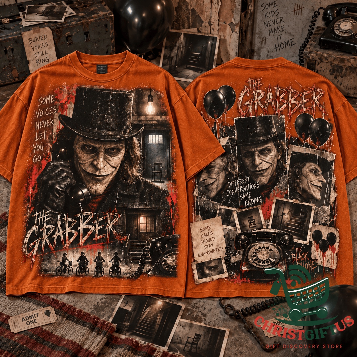 The Grabber The Black Phone Nightmare Horror 3D T-Shirt - orange colourway, one of the available colour options, shown front and back