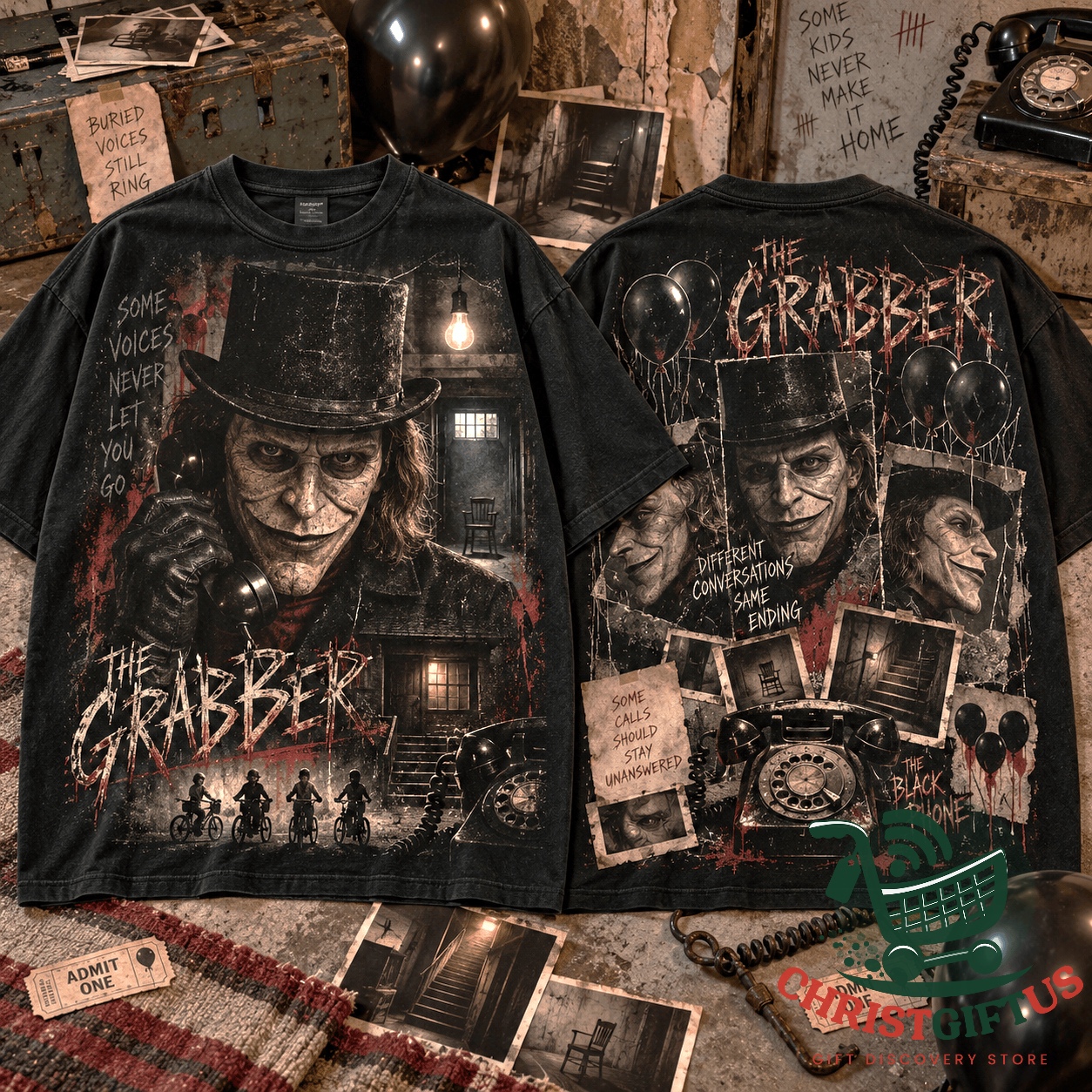 The Grabber The Black Phone Nightmare Horror 3D T-Shirt - front and back design view